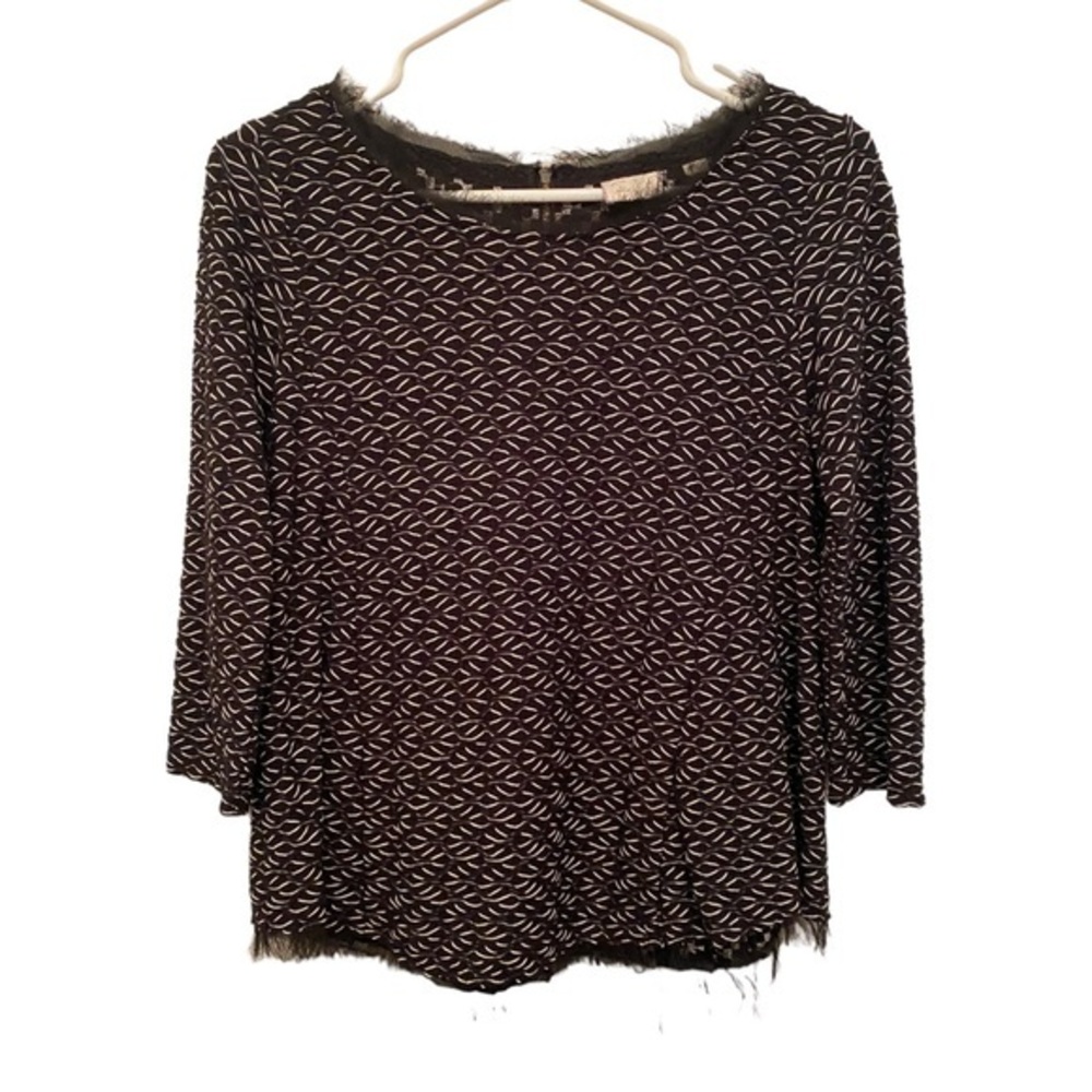 Anthropologie Black White Subtle Fringe Top Size‎ M